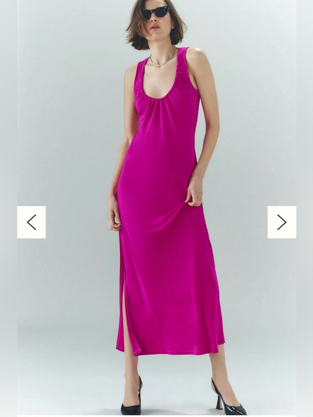 Anthropologie Ruched Scoop-Neck Midi Dress Fuschia Pink Sleeveless Dress Slit - Picture 3 of 4
